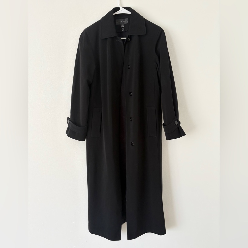 Gallery Vintage Black Long Floor Length Button Down Collared Trench Coat Small - Picture 5 of 11